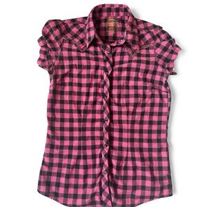 Twenty X Pink Black Plaid Western Shirt Ruffle Sleeves Beaded Yoke Medium Y2K